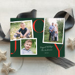 Vintag Snapshot Modern JOLIday 3 Fotokarte Feiertagskarte<br><div class="desc">Diese moderne Urlaubsfotokarte bietet drei Fotos in verschiedenen Größen auf dunkelgrünem Hintergrund mit "JOY" in Rot, sorgfältig arrangiert, und Platz für Ihre Familiengrüße/Unterschrift. Dieses Design bietet ein horizontales Foto, ein quadratisches Foto und ein vertikales Foto. Auf der Rückseite befindet sich ein rotes und weißes diagonales Streifen-Muster. Sie können dieses Design...</div>