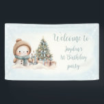 Vintag Snowman Blue Christmas 1. Geburtstagsbanner Banner<br><div class="desc">Niedliches Weihnachtsbanner zum 1. Geburtstag mit einem bezaubernden Schneemann und Weihnachtsbaum in Blau mit Vintagen Farben für einen kleinen Jungen. Personalisieren Sie den Text einfach. Kate Eden Art</div>
