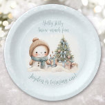 Vintag Snowman Blue Christmas Pappteller<br><div class="desc">Niedliche Weihnachten Geburtstag Papier Teller mit einem bezaubernden Schneemann und Weihnachtsbaum in Blau mit Vintagen Farben. Personalisieren Sie den Text einfach. Sie können es nicht nur zum 1. Geburtstag benutzen. :) - Kate Eden Art</div>