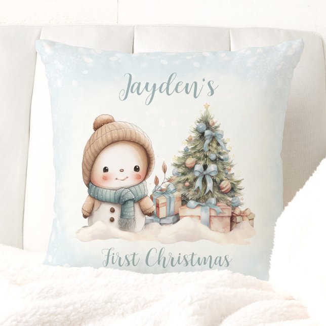 Vintag Snowman Boy Blue First Christmas Pillow Kissen (Vintage Snowman Boy Blue First Christmas Pillow)