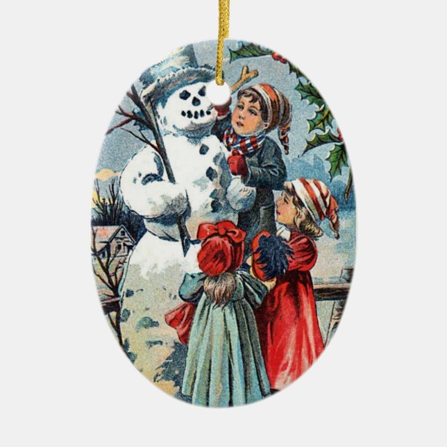 Vintag Snowman & Children Keramikornament (Vorne)