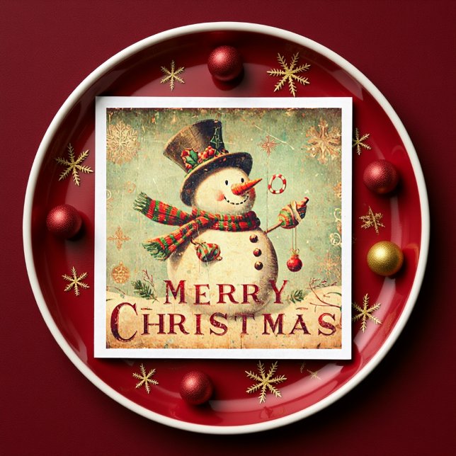 Vintag Snowman - Frohe Weihnachtszeitung Napkin Serviette (Vintage Snowman Rustic Red and Green Holidays Napkins)