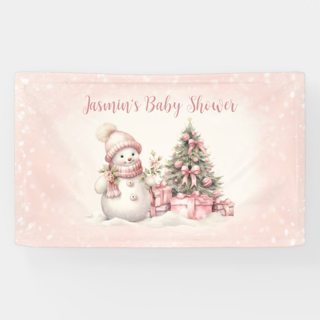 Vintag Snowman Pink Christmas Girl Babydusche Banner (Horizontal)