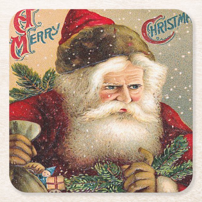 Vintag Snowy Santa Claus Frohe Weihnachten Rechteckiger Pappuntersetzer (Vorderseite)