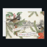 Vintag Songbird Frohe Weihnachtsdorf Evergreen Feiertagskarte<br><div class="desc">Auf immergrünen,  mit Heiligen und Poinsettien geschmückten Grünflächen stehen zwei europäische Schänke-Singvögel,  die in der Ferne eine kleine Stadt haben. Das Vintage Banner lautet: "Ich wünsche dir frohe Weihnachten."</div>