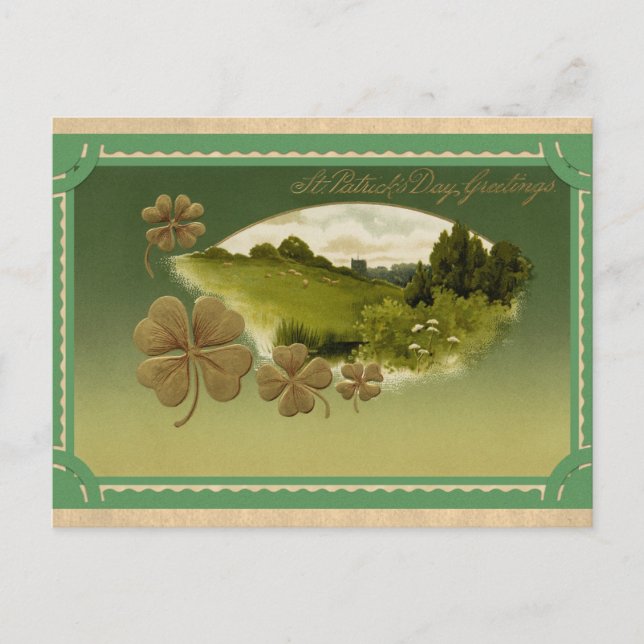 Vintag St Patricks Day Greetings Irish Kleeblatt Postkarte (Vorderseite)
