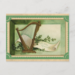 Vintag St Patricks Day Irish Harp Erin Go Bragh Postkarte