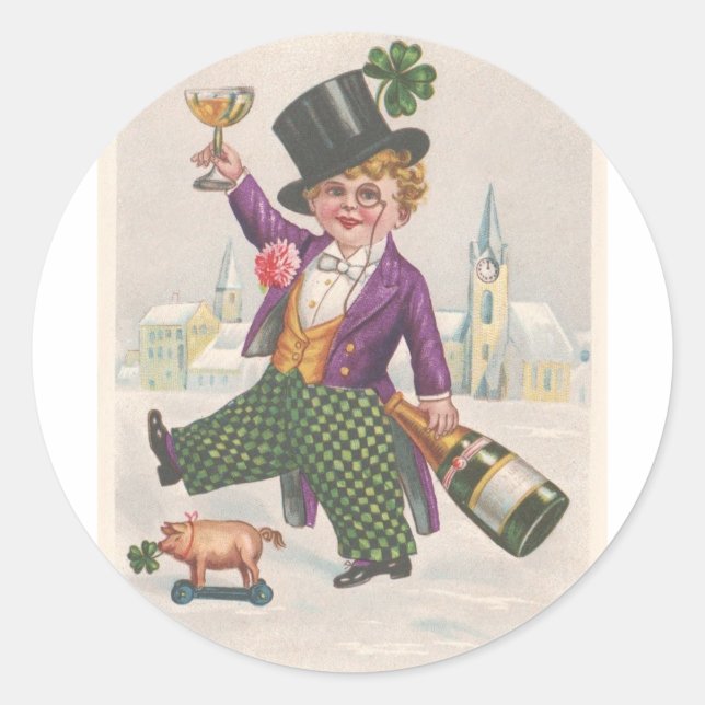 Vintag St Patricks Day Kleeblatt Champagne Runder Aufkleber (Vorderseite)
