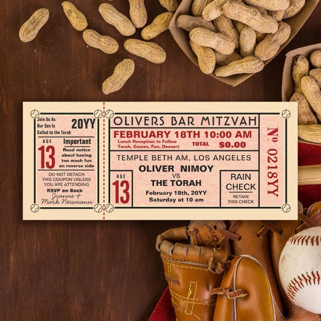 Vintag Stadion Ticket Baseball Bar Mitzvah Red Einladung (Von Creator hochgeladen)