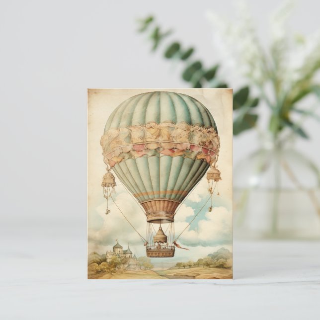 Vintag Steampunk Blue Hot Air Ballon Postkarte (Stehend Vorderseite)