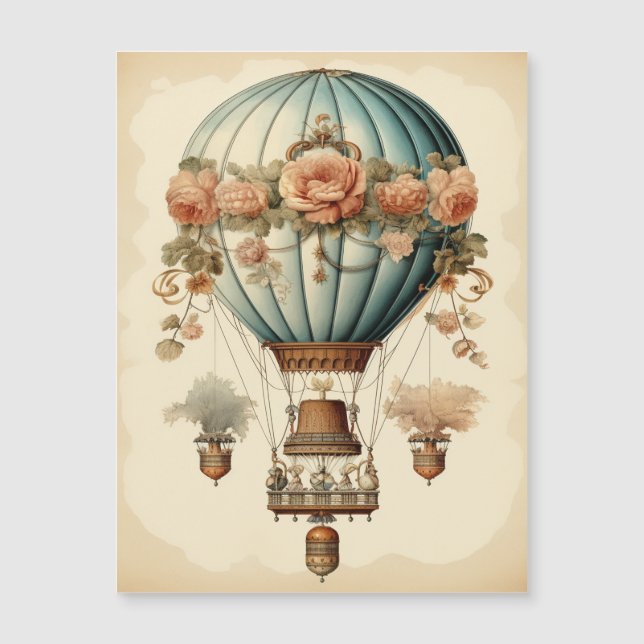 Vintag Steampunk Floral Blue Heißluftballon Magnetkarte (Vorderseite)