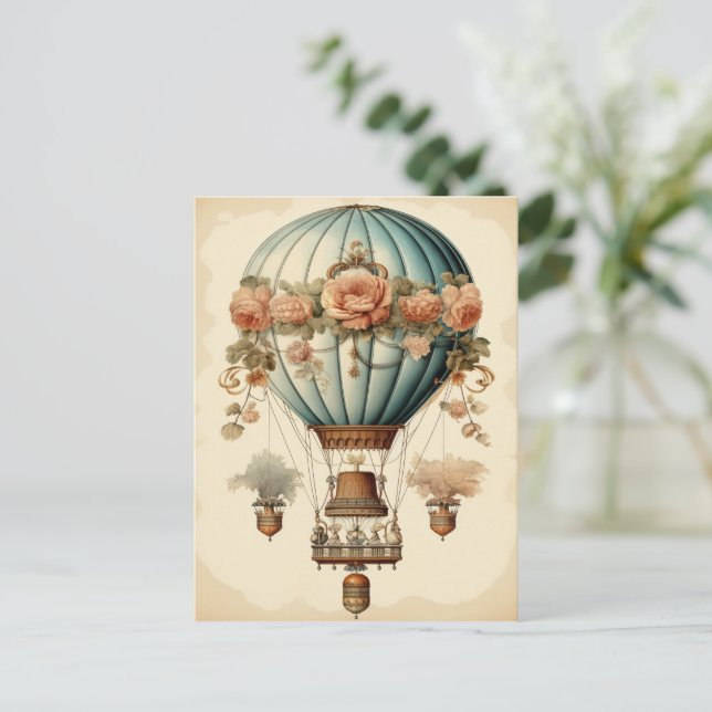 Vintag Steampunk Floral Blue Heißluftballon Postkarte (Stehend Vorderseite)
