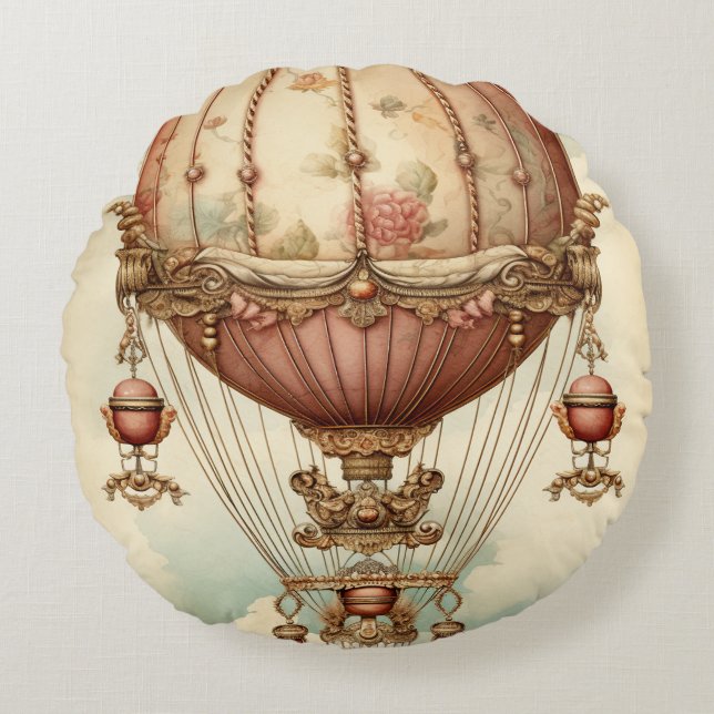 Vintag Steampunk Pink Heißluftballon Rundes Kissen (Vorderseite)