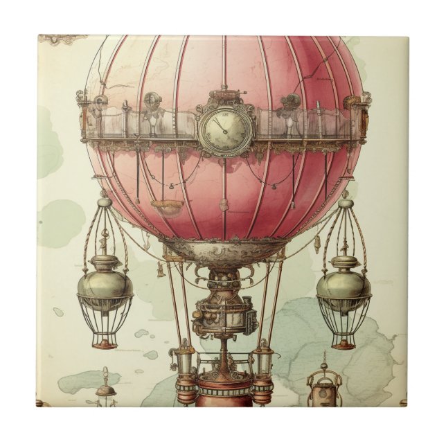Vintag Steampunk Pink Hot Air Ballon (2) Fliese (Vorderseite)