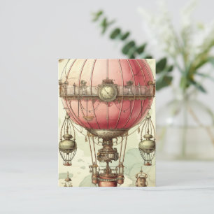 Vintag Steampunk Pink Hot Air Ballon (2) Postkarte