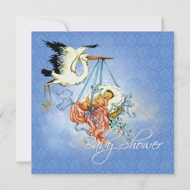 Vintag Stork Baby Boy Dusche Einladung (Vorderseite)
