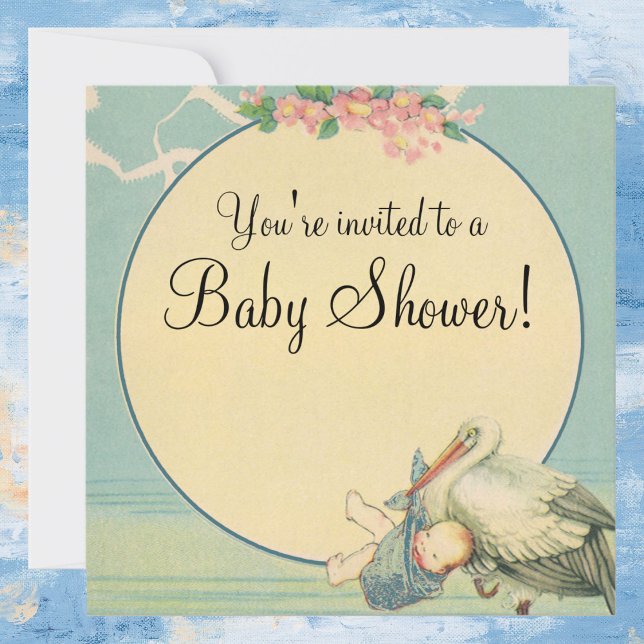 Vintag Stork Blue Blanket Baby Dusche Einladung (Von Creator hochgeladen)