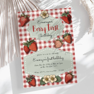 Vintag Strawberry Berry First Gingham Birthday Einladung