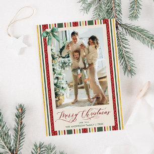 Vintag Stripe Red Green Bow Frohe Weihnachtsfeier Feiertagskarte