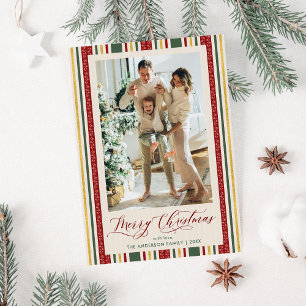 Vintag Stripe Red Green Bow Frohe Weihnachtsfeier Feiertagskarte