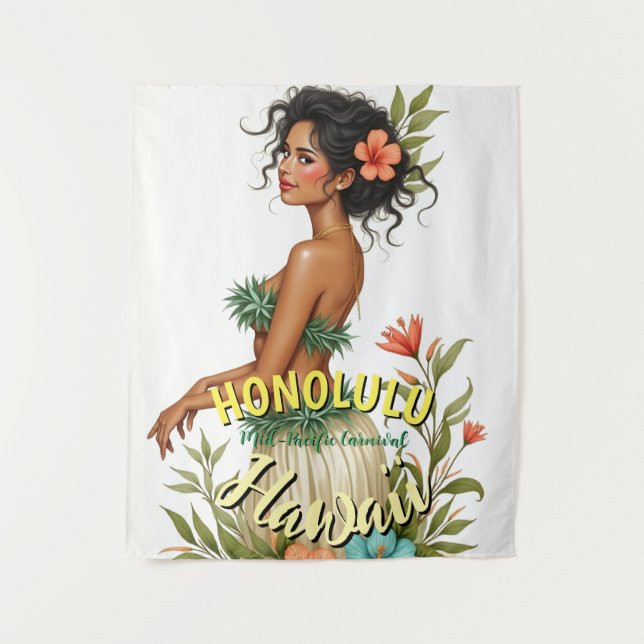 Vintag Style Hawaii Travel Honolulu Hula Girl Wandteppich (Vorderseite)