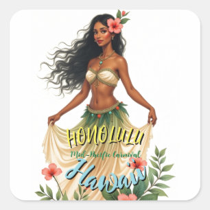 Vintag Style Hawaiian Travel Honolulu Hula Girl Quadratischer Aufkleber