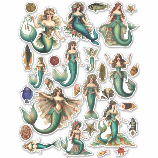 Vintag Style viktorianische Mermaids Meereswelt Ar Aufkleber (Vorderseite)