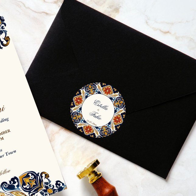 Vintag Talavera Azulejo Blauen Fliesen Hochzeit Runder Aufkleber (Vintage Talavera Azulejo blue tiles wedding envelope Sticker bride and groom names stickers)