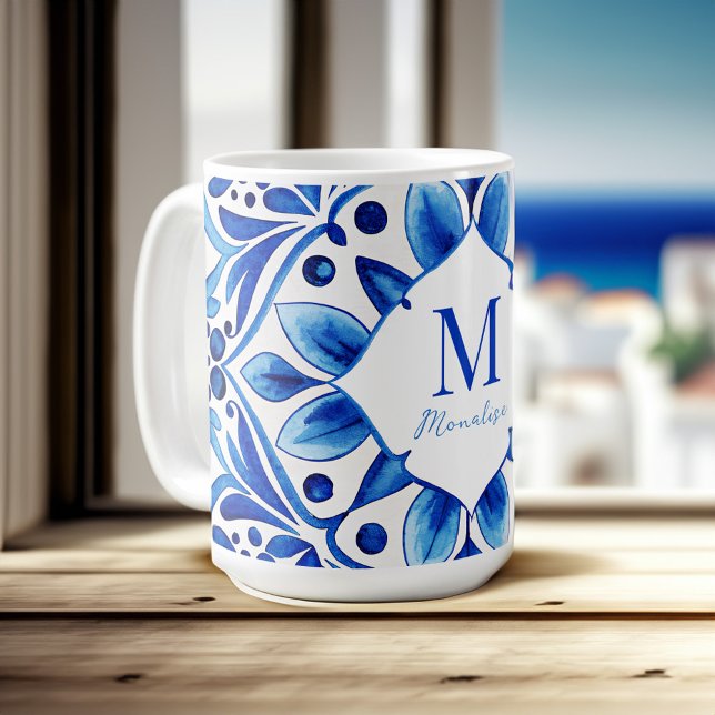 Vintag Talavera Azulejo blauen Fliesen mit Monogra Kaffeetasse (Vintage Talavera Azulejo blue tiles monogrammed Coffee Mug personalized Bridesmaids Gifts)