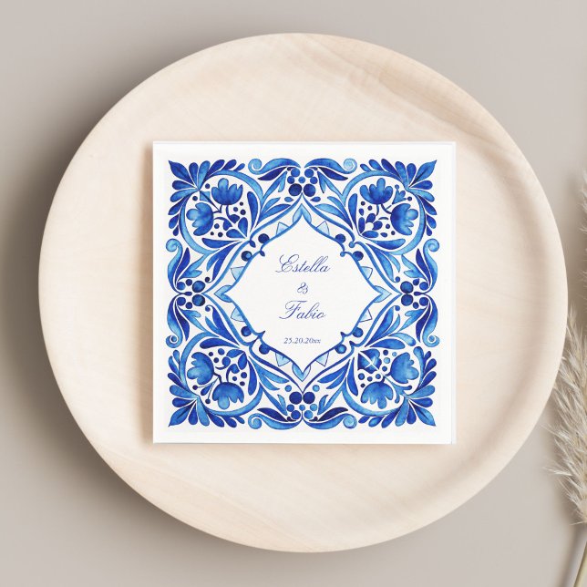 Vintag Talavera Azulejo Hochzeit mit blauen Kachel Serviette (Vintage Talavera Azulejo blue tile wedding monogram printed Napkins template personalized table deco)