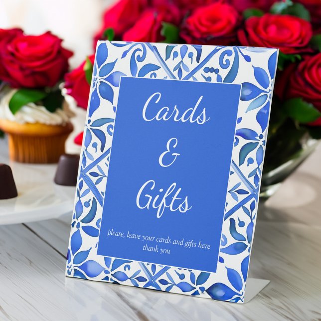 Vintag Talavera blauer Kachel Hochzeitsgeschenke Sockelschild (Vintage Talavera blue tiles Spanish Mexican wedding gifts table Pedestal Sign personalized decor)