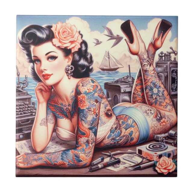 Vintag Tattoo Old School Girl Fliese (Vorderseite)