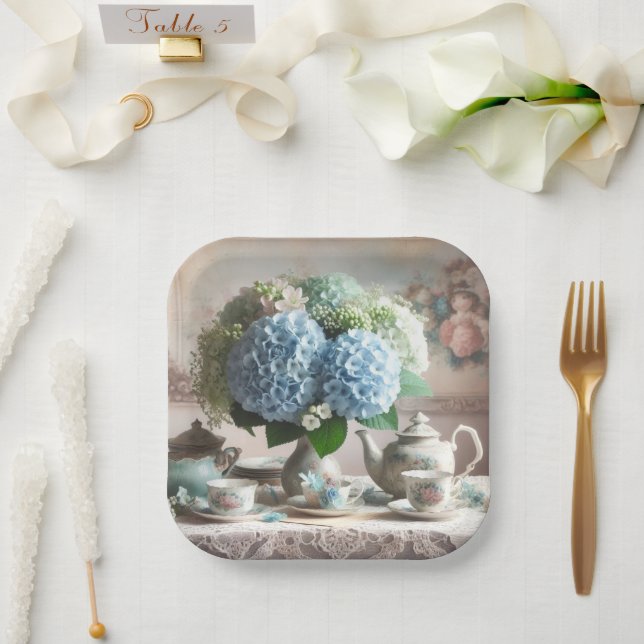 Vintag Tea Time Blue Hydrangea Blume Pappteller (Hochzeit)