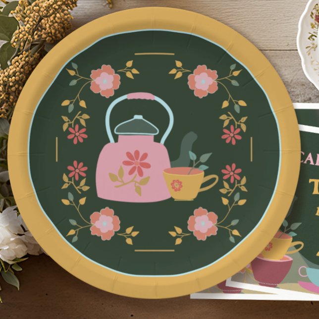 Vintag Tee Party Dunkelgrün gelb Pappteller (Von Creator hochgeladen)