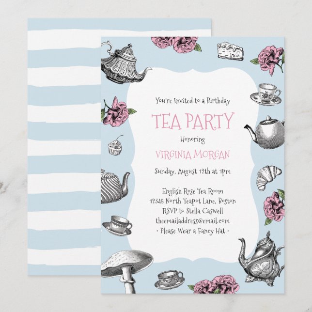 Vintag Tee Party Geburtstag Baby Blue Stripes Einladung (Vorne/Hinten)