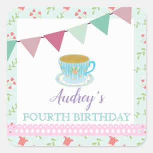 Vintag Tee Party Shabby Chic Girls Geburtstag Quadratischer Aufkleber
