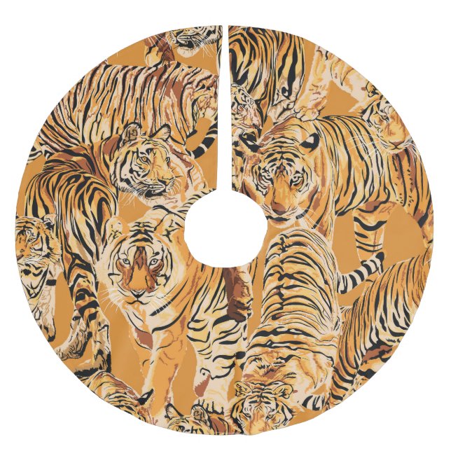 Vintag Tiger Safari Wildlife Pattern Polyester Weihnachtsbaumdecke (Vorderseite)
