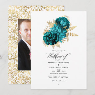 Vintag Türkis - Hochzeit mit Aquamarinen und golde Einladung