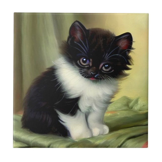 Vintag Tuxedo Kitten Illustration Fliese (Vorderseite)
