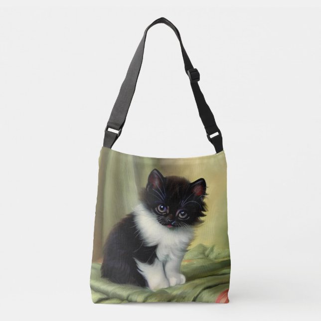 Vintag Tuxedo Kitten Illustration Tragetaschen Mit Langen Trägern (Vorderseite)