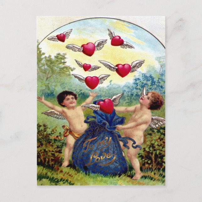 Vintag Valentine Cherubs Feiertagspostkarte (Vorderseite)
