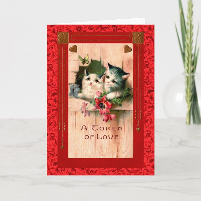 Vintag Valentine Gray Kittens & Heartens Feiertagskarte (Vorderseite)