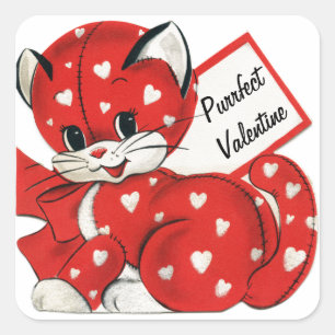 Vintag Valentine Red Cat White Hearts Retro Liebe Quadratischer Aufkleber