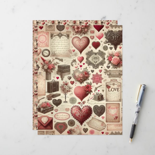 Vintag Valentines Ephemera Scrapbook Paper (Vorderseite/Rückseite Beispiel)