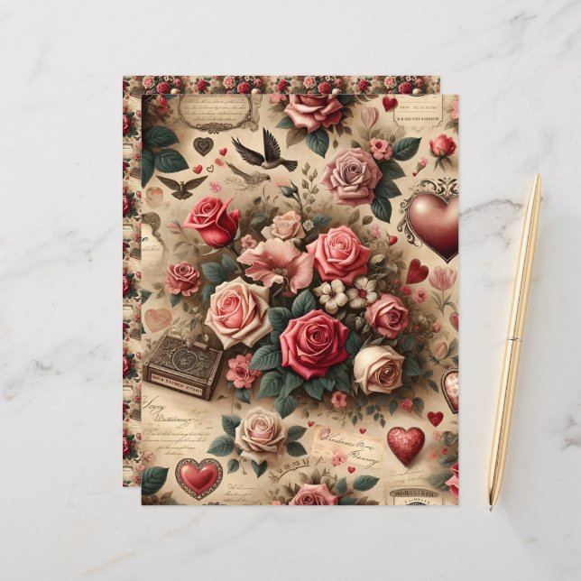 Vintag Valentines Ephemera Scrapbook Paper (Vorderseite/Rückseite Beispiel)