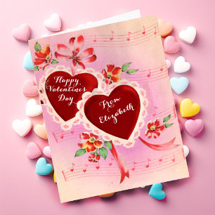 Vintag Valentinstag-Karte Rote Herzen und Musik Karte
