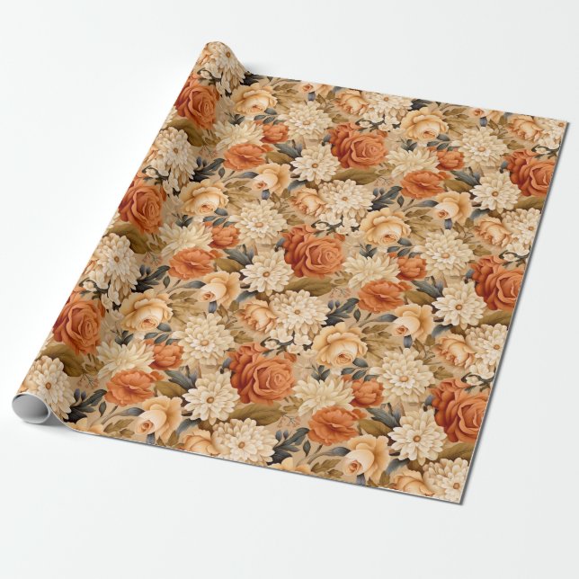 Vintag verbrannte orange-beige Blume Geschenkpapier (Ungerollt)