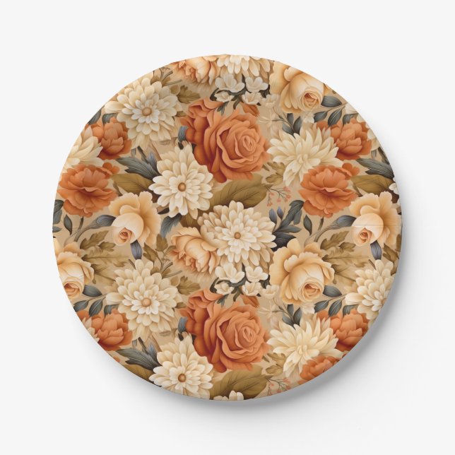 Vintag verbrannte orange-beige Blume Pappteller (Vorderseite)