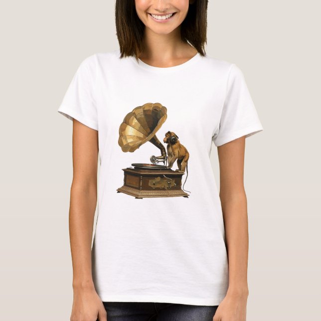 Vintag Vibes: Monkey DJ mit Gramophon T-Shirt (Vorderseite)