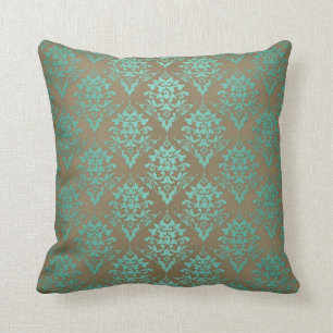 Vintag Viktorianisch Aquamarin über Brown Damask Kissen